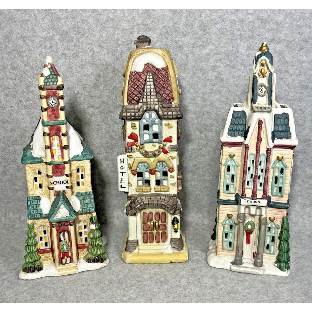 Christmas Village Porcelain Holiday Hand Painted Lot of 3 School‎ Hotel Station